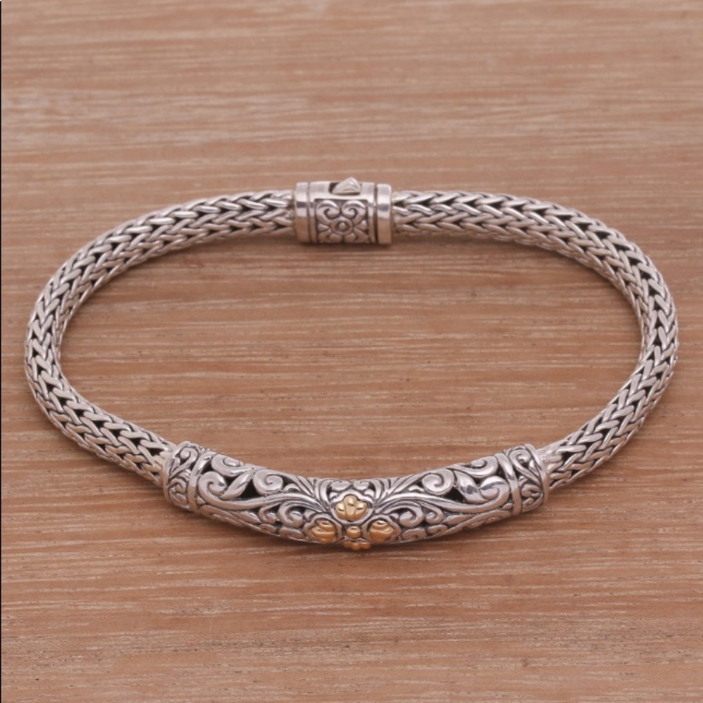 18k Gold Accented Sterling Silver Pendant Bracelet from Bali, "Imperial Beauty"